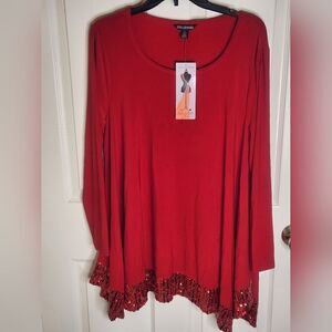 NWT Nina Leonard XL Red Miracle Matte Jersey Longsleeves Beaded  Women's Top